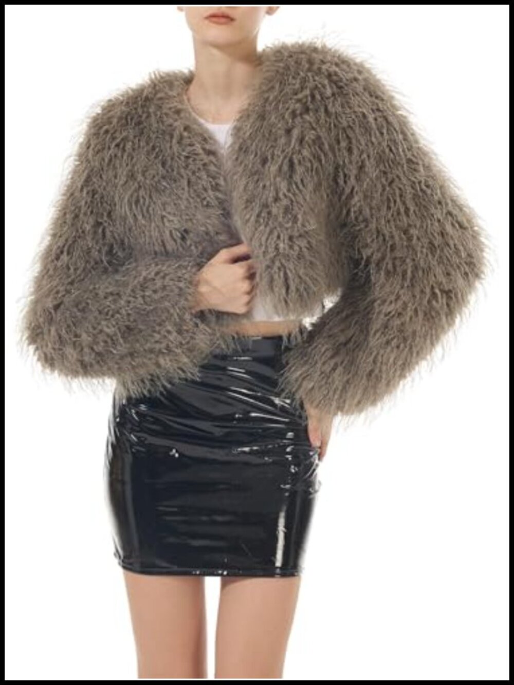 Cropped Faux Fur Jacket Long Sleeve Open Front Fluffy Shaggy Short Coat Winter